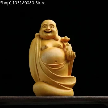 13cm Pukspuu nikerdamist õnnelik naeratus Maitreya buddha kuju Hiina õnnelik kingitus
