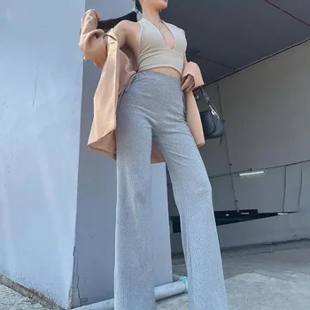 2021 Kevadel Naiste Kõrge Vöökoht Streetwear Pingutusnöör Sidemega Vabaaja Täies Pikkuses Püksid Naiste Slim Bell Alumine Soonikkoes Kootud Püksid