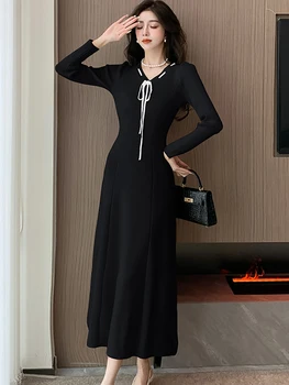 2023 Must Kootud Stiilne Vibu V-Kaelus Pikk Kleit Naiste Luksus Poole Kampsun Kleit 2023 Korea Vintage Elegantne Bodycon Õhtul Kleit