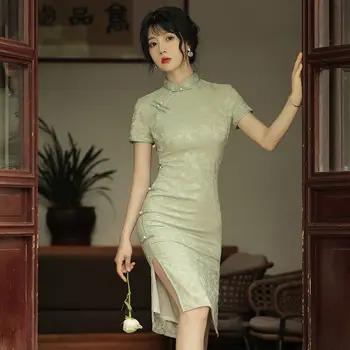 2023 Roheline Värske Cheongsam Naiste Lühikesed Varrukad Traditsiooniline Vintage Kleit Näita Kostüümid Slim Tikandid Qipao Rüü Chinoise Femme