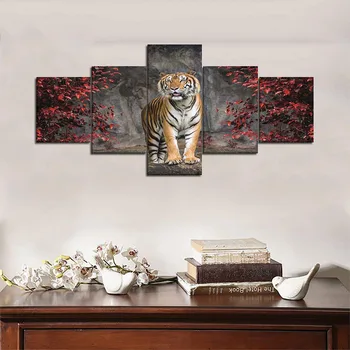 5 Paneelid Decor Maali Kaasaegse Kodu Kaunistamiseks elutuba, Magamistuba Lõuend Trükkimine Tiger & Maple Leaf Seina Art Frameless