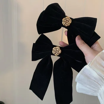 Black Velvet Vibu Kirja Camellia Lady Juuksed Clip Hairwear Naiste Suur Bowknot Klambri Külge Lill Juuksed Lindi Fashion Hair Accessory