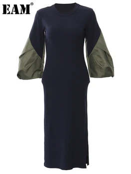 [EAM] Naised Sinine Värv-block Elegantne Kudum Kleit Uus Ring Kaelus Pikk Varrukas Loose Fit Mood Tõusulaine Kevad Sügis 2024 7AB2060