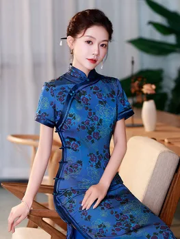 Elegantne Suvel Elegantne Pikk Silk Blue Cheongsam Tulemuslikkuse Bankett Qipao Traditsioonilised Hiina Riided õhtukleit jaoks Naised