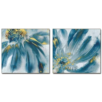 Kaks Sinine Lilled Abstraktne Õlimaal Lõuendil Seina Art Home Decor Pilt Kaasaegne Ilus Värvimine 100% Käsitsi Valmistatud Unframe
