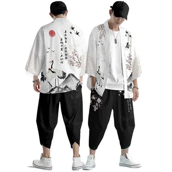 Kaks rõivakomplekti 3D Hiina Kraana Trükitud Jaapani Stiilis Mood Kimono Ja Püksid Komplekt Meeste Kampsun, Pluus Haori Obi-Aasia Riided