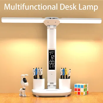 LED laualamp Multifunktsionaalne Kokkupandav Double Headed kursis, Kalender, Kell, USB Tabel Lamp Magamistuba Öö Lugemine Kerge