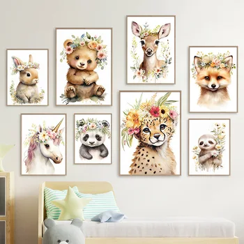 Leopard Hirve, Karu Rebane Ükssarvik Lille Lasteaed Seina Art Plakatid Ja Pildid Lõuendile Maali Seina Pilte Baby Kids Room Home Decor