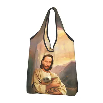 Mood Trükitud Jeesus Saint Keanu Reeves Ja Beebi Shopping Tassima Kotid Kaasaskantav Shopper Õla Käekott