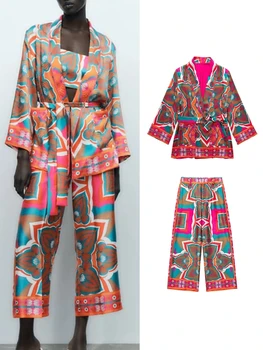 Naiste Mood Prindi Pidžaama Sobiks Sügisel Särgid+Pikad Püksid Komplekt 2023 Naine 2TK Komplekti Vabaaja Top Vöö Street Outwear Mujer