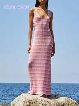Naiste Mood Ðikk Kontrasti Triibuline Kleit Elegantne Stiilne Varrukateta Maxi Kleidid 2023 Suvel Vabaaja Daamid Beach Party Club Riideid