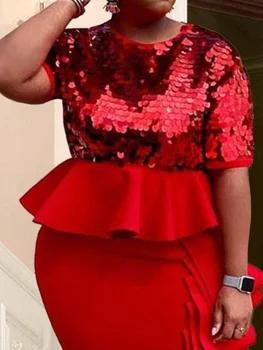Punane Läikiv Ehitud Fashion Pluus Naiste Glitter 2023 Lühikeste Varrukatega Peplum-Aafrika Korral Tähistada Tops Särk Naiste Sünnipäeva