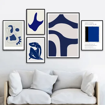 Põhjamaade Retro Klein Sinine Abstraktne Geomeetriline Iseloomu Kunsti Seinale Plakat Minimalistlik Lõuend Pildi Värvimine Elutuba Home Decor