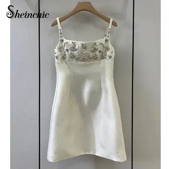 Raja Disainer Luksus Diamons Profileerimine Pool Kleit Naiste Elegantne Valge Spagetid Rihm Mini Suvine Kleit 2023 Vestidos De Mujer