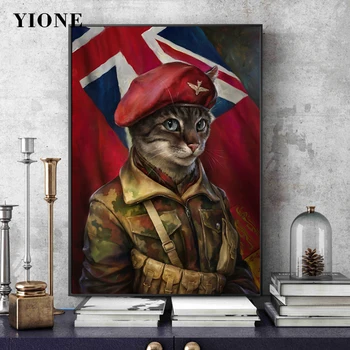 Retro Briti Sõdur Kass Seina Art Lõuend Abstraktse Maali Looma Pea Sõjalise Kassipoeg Lipu Plakati Printimine Tuba
