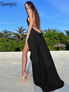 Sampic Naiste Sexy Beach Low Cut Maxi Kleit Suvine Varrukateta Backless Bodysuit Split Kleit Puhkus Varustus