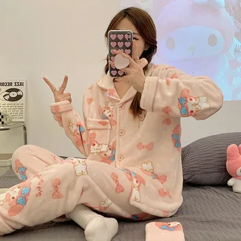 Sanrio Hello Kitty Kuromi Meloodia Cinnamoroll Talvel Palus Pidžaama Komplekti Naised Kodus Riided, Ülikonnad Mood Sleepwear Kawaii Pijama