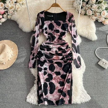 Seksikas Bodycon Leopard Print Square Kaelus Pikk Varrukas Kleit, Stiilne, Elegantne Vestidos Vintage Sügis Naiste Mood Hip-Wrap Kleit