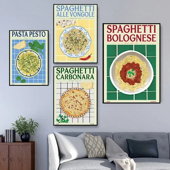 Spagetid koos Karbid Plakat ja Prindi Cartoon Pesto Pasta Bolognese Canavs Maali Köögi Restorani Toidud Seina Art Pildid