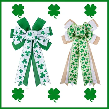 St Patricks Day Vibu Pärg Kaunistused,Suur Burlap Valge Roheline Glitter Shamrock ' Bowknot Iiri Puhkus Käsitöö Vibud