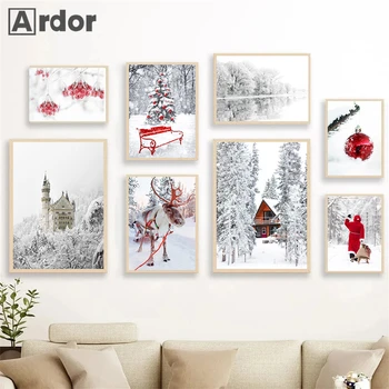 Talvine Maastik Lumi Maali Poster Metsa Põder Lõuend Printimine Jõulud Art Prints Põhjamaade Seinale Plakatid Elutuba Decor