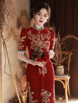 Terviseks Pruut Pulmad Kleit Luksus Peep Varba Kingad Qipao Pikk Hiina Naiste Traditsiooniline Vintage Cheongsam Kleidid Õhtukleit Hiina