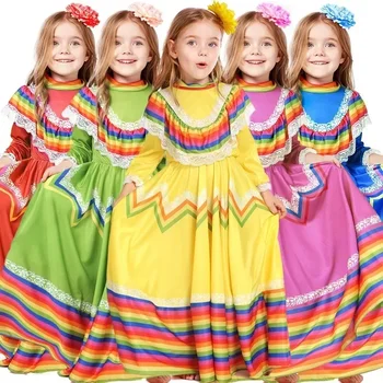 Tüdrukud Halloween Kostüüm Traditsiooniline Folk Mehhiko Cosplay Kleit Lapsed Mehhiko Karneval Sünnipäeva Uhke Flamenco Tants Seelik