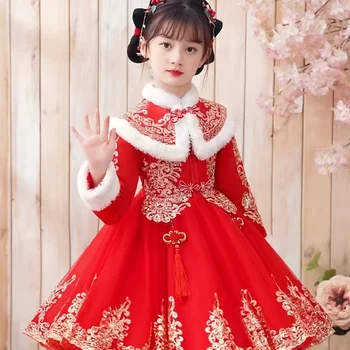 Tüdrukud Punane Hanfu Uus Aasta Tang Peep Varba Kingad Tikandid Hiina Sõlm Decor Paks Soe Sall Pleisse Kleidid Spring Festival Riided