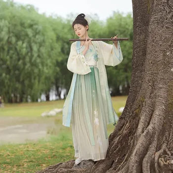 VEE Hanfu Naiste Song Dynasty Kolme-osaline Komplekt, Pane Roheline Kleidid varrukaga, kanna Üle-kleit Ruffled Seelikud Fairy Dance Kevad Suvi