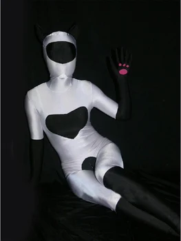 Valge ja Musta Südame Muster Spandex Zentai Bodysuit Kõrvad Täiskasvanud/Lapsed Cosplay Halloween Kostüüm