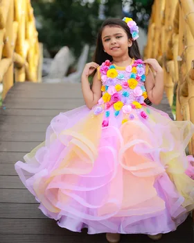 Vikerkaar Õie Lille Tüdrukute Kleidid Pulmad Astmeline Ruffles Sünnipäeva Lapsed Tülli Kleit Tüdruk Võistlused Hommikumantlid eest Photoshoot