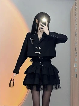 Vintage Mustad Jakid Sobiks Korea Fashion 2 Töö Seab Vabaaja Lühikesed Bleiserid Mantel + Mini Slim Kook Seelik Naine 2023 Aasta Sügisel Disain