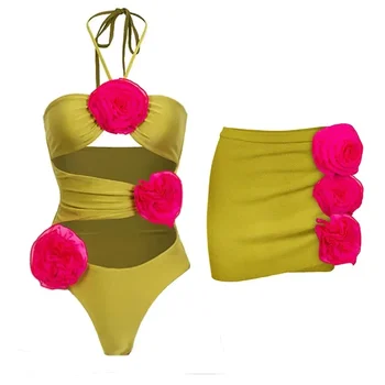 2023 Uus Mood 3D Lillede Värvi Plokk, mis on Välja Lõigatud Päitsed Ühes Tükis Ujumistrikoo ja Seelik Suvel Supelrõivad Naiste Beachwear trikoo