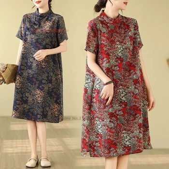 2024 hiina traditsiooniline kleit paranenud cheongsam riigi puuvillast voodipesu flower print qipao kleit oriental etnilise-line qipao