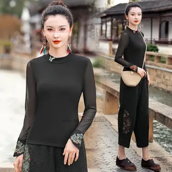 2024 hiina traditsiooniline t-särk riigi lille tikandid silma varruka baasi särk hiina vintage hanfu tops oriental tang ülikond