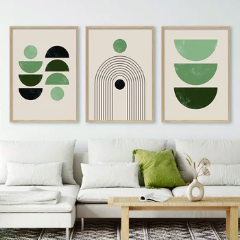 Boho Abstraktne Geomeetriline Rida Päike Roheline Beež Sajandi Keskel Plakat Lõuendile Maali Seina Art Print Magamistuba, Elutuba Home Decor