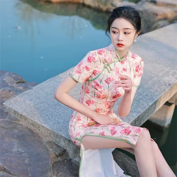 Cheongsam tikitud kirsi õis double-layer trükitud kortsus sepistatud kleit värske ja kunstiline slim fit noorte stiil