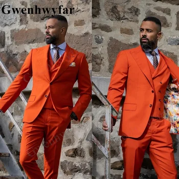 Gwenhwyfar Hele Oranž Hall Meeste Ülikonnad, mis on Kohandatud 3 Tk Pintsak Vest Püksid Big Saavutas Rinnamikrofon Ühe Karavan Pulm Slim Custome