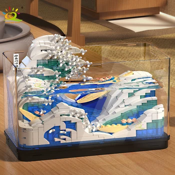 HUIQIBAO KES Suur Laine maha Kanagawa Kala Tank Kaunistused ehitusplokid Mere Laine Kerge Tellised Linna Loominguline Mänguasjad Lapse