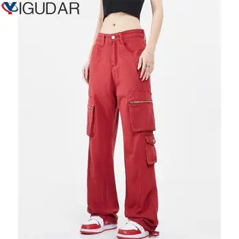 Harajuku Streetwear Punane Cargo Püksid Naiste Hip-Hop Liiga High Street Y2K Taskud Lai Jalg Must Jogger Naiste pikad Püksid