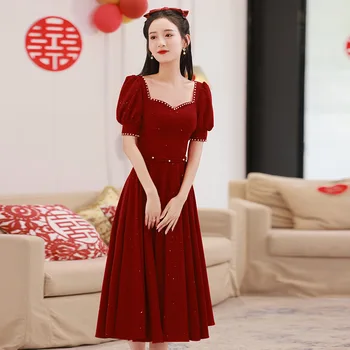Hiina Stiilis Burgundia Cheongsam Lady Puhvis Varrukad Qipao Suur Suurus 4XL Ametlik Pool Kleit Elegantne Pruudi Pulmas Kleit