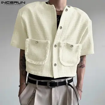 INCERUN Meeste Särk (Solid Color Tutt Lühikesed Varrukad Streetwear Taskud Elegantne Casual Meeste Särgid korea 2023 Mood Meeste Riided