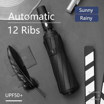 Kvaliteet 12Ribs Automaatne Vihmavari Vihma ja Tuule Vastupidavad ja Päevavarjud Must Kate Vihmavari Päikesevari Kaasaskantav UV Kokkupandavad Vihmavarjud