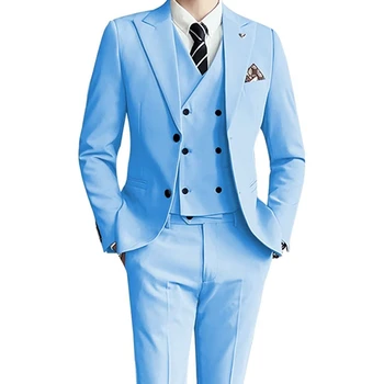 Lansboter Sinine Meeste Ülikond 3 Tükki Rinnamikrofon Solid Business Daily Slim Pulmad Hooldajat Bankett Tööd Komplekt Jakk, Vest Kirjega Püksid