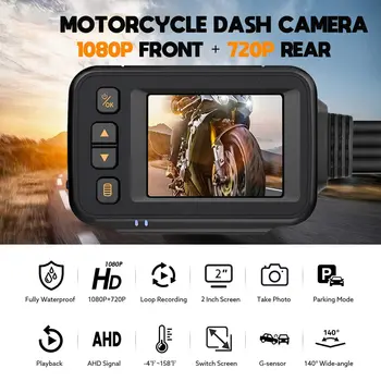 Mootorratta Kaamera Kriips Cam, 2Inch IPS Ekraan, 1080P+720P Dual AHD Bike Dashcam G-Sensor Parkimine Režiim Sõidu Diktofon Must