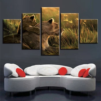 Raamistik Prindib Teoseid 5 Tükki Loomade Lõvi Perekonna Füüsiline Maastik Maali Decor Elutuba Seina Art Modulaarne Lõuend Pilt