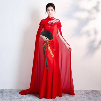 Suur Suurus 3XL Lady Satiin Cheongsam Seksikas Salli Pikk Qipao Õhtu Poole Kleit Traditsiooniline Hiina Mandariini Krae Vestidos