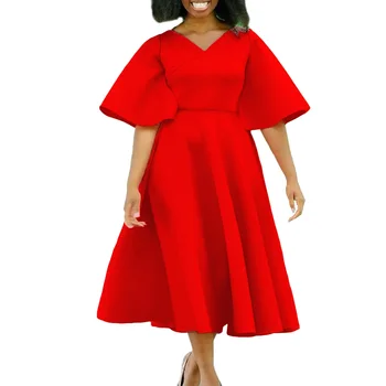 Suvel Moe-Aafrika Naiste V-kaeluse Polüester Lühike Põletatud Varrukad Punane Must Roosa Põlve pikkusega Kleit Aafrika Kleidid Naistele