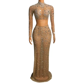 Sädelevat Hõbedane Suur Rhinestone Läbipaistev Pikk Kleit Õhtul Naiste Sünnipäeva Tähistada Luksuslik Kostüüm Kõhutants Kostüüm