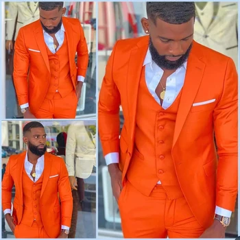 Särav Oranž Meeste Ülikonnad Tipp Rinnamikrofon Kostüüm Homme Smoking Kõnniteed Pulmas Peigmees Bleiser Terno Masculino Slim Fit 3 Tk